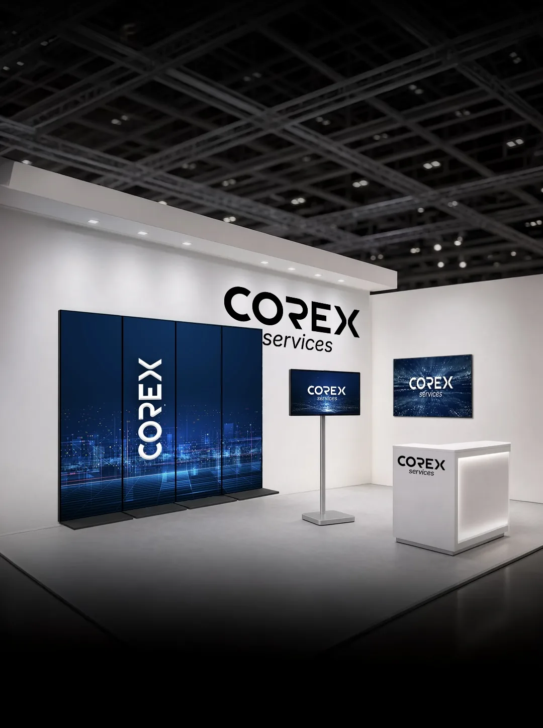 Corex trade fair stand with a video wall, monitors and a Digital Signage totem
