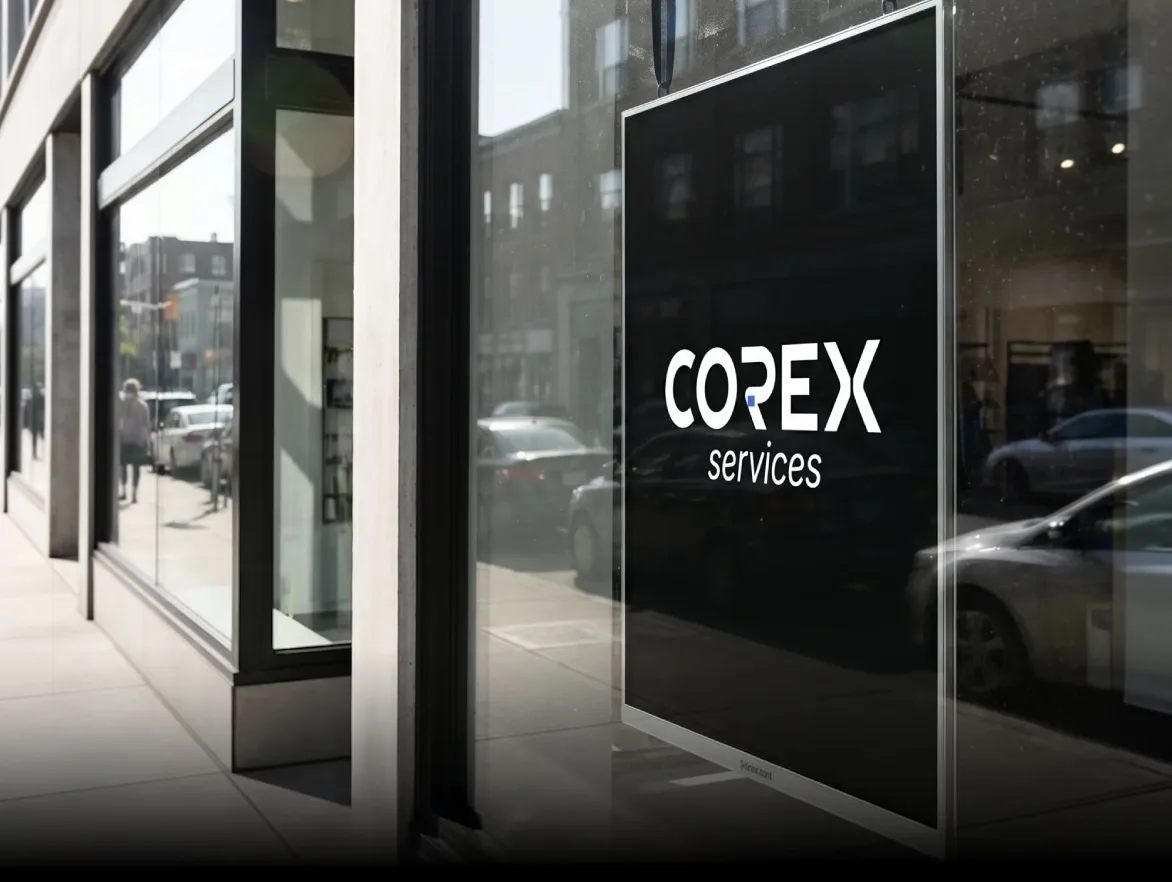 Digital Signage display with the Corex logo in a shop window